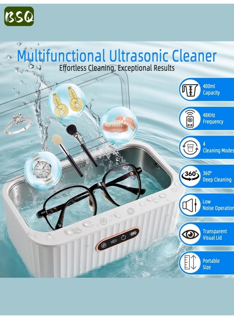 بي إس كيو جهاز تنظيف المجوهرات بالموجات فوق الصوتية | جهاز تنظيف أطقم الأسنان بتردد 48 كيلوهرتز | كبسولة تنظيف أسنان محمولة سعة 400 مل | مناسب للمجوهرات والنظارات والخواتم وأحزمة الساعات وأطقم الأسنان وغيرها | لا غنى عنه للعائلة والسفر - Image 4